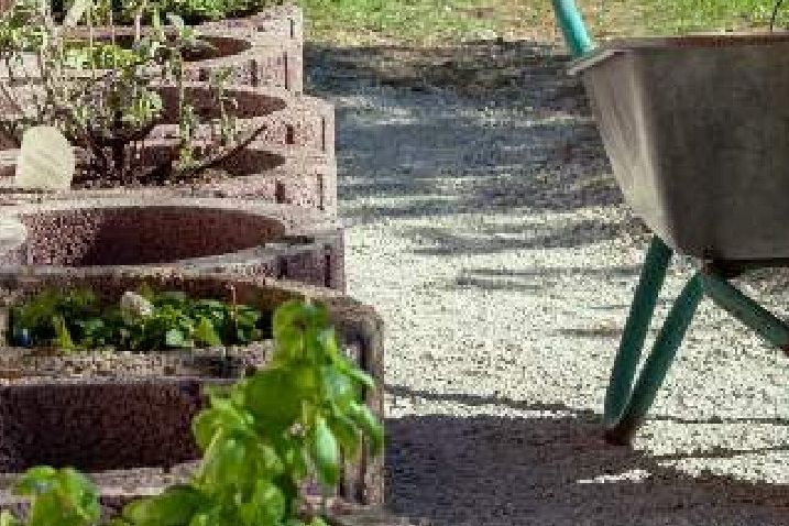 Kräuter in Hochbeet und Schubkarre